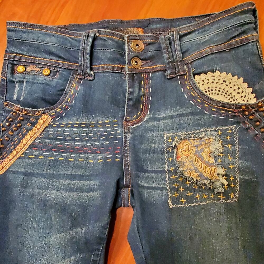 Upcycled Reworked Bonage Jeans Unique Boho Size 11 - Picture 9 of 9